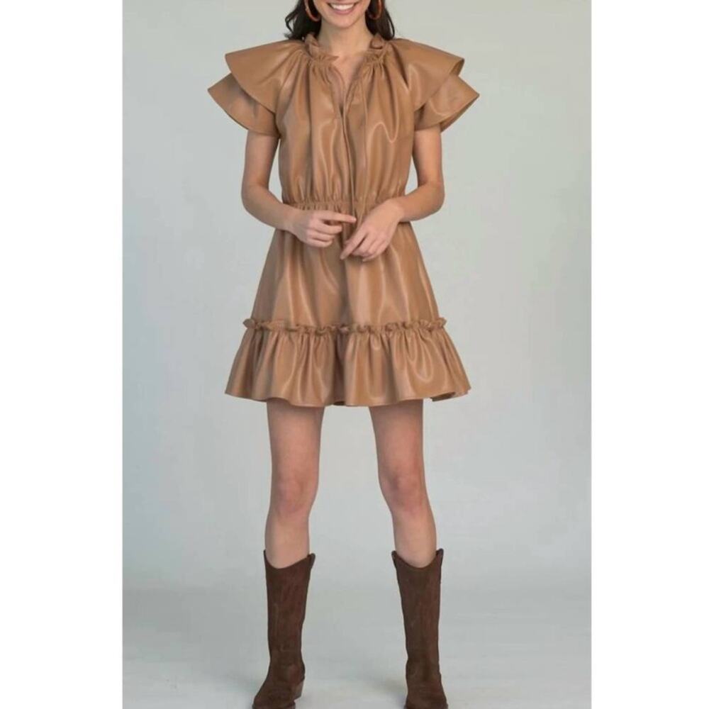 Olivia James The Label NEW Tinsley Faux Leather Tiered Ruffle Mini Dress Caramel